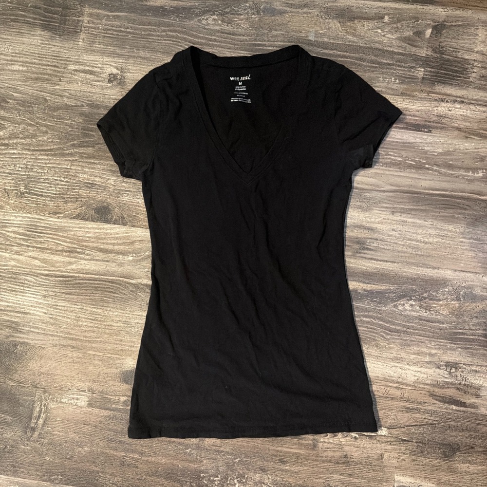 Wet Seal Black V-Neck Short Sleeve Babydoll Tee Y2K Vintage Size M